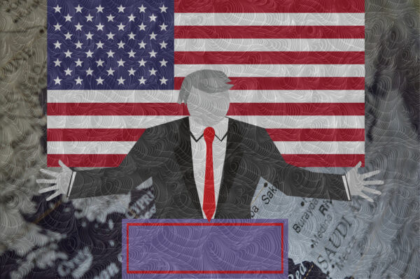 Trump silhouette in front of a map of the middle east.
