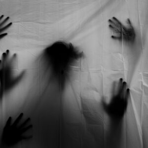 Silhouettes of hands and a head behind a white blanket.