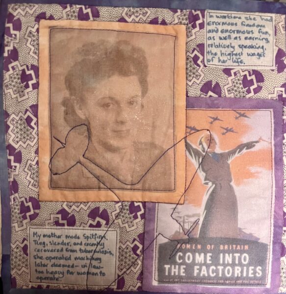 Collage including a photo of a woman, a poster with the wording Come into the factories and additional wording.