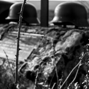 Two soldier's helmets sit on top of a grave marker with shrubs in the foreground, in a greyscale photograph.