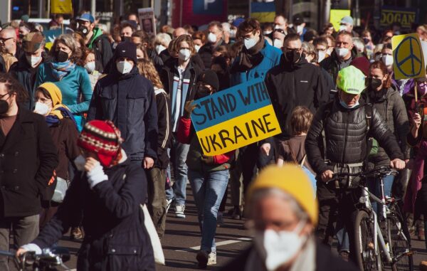 Ukraine solidarity demo with flags and signs