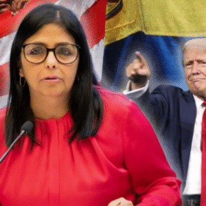 picture of Rodriguez, leader of Venezuela with Trump behind her