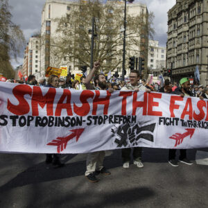 Banner stating Smash the Fash at Together Alliance demo in London
