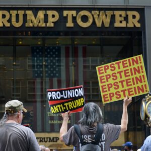 People outside Trump Tower with someone holding a sign saying Epstein, Epstein, Epstein, Epstein and another saying Prounion, anti-Trump