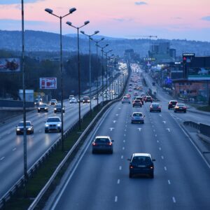 A large road in the evening with various cars.