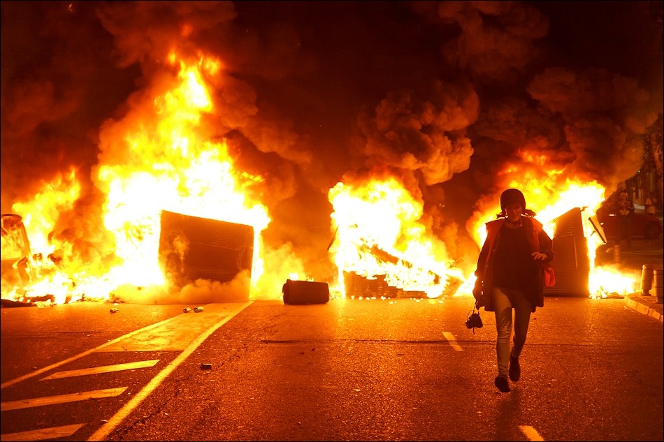 Burning cars and buildings