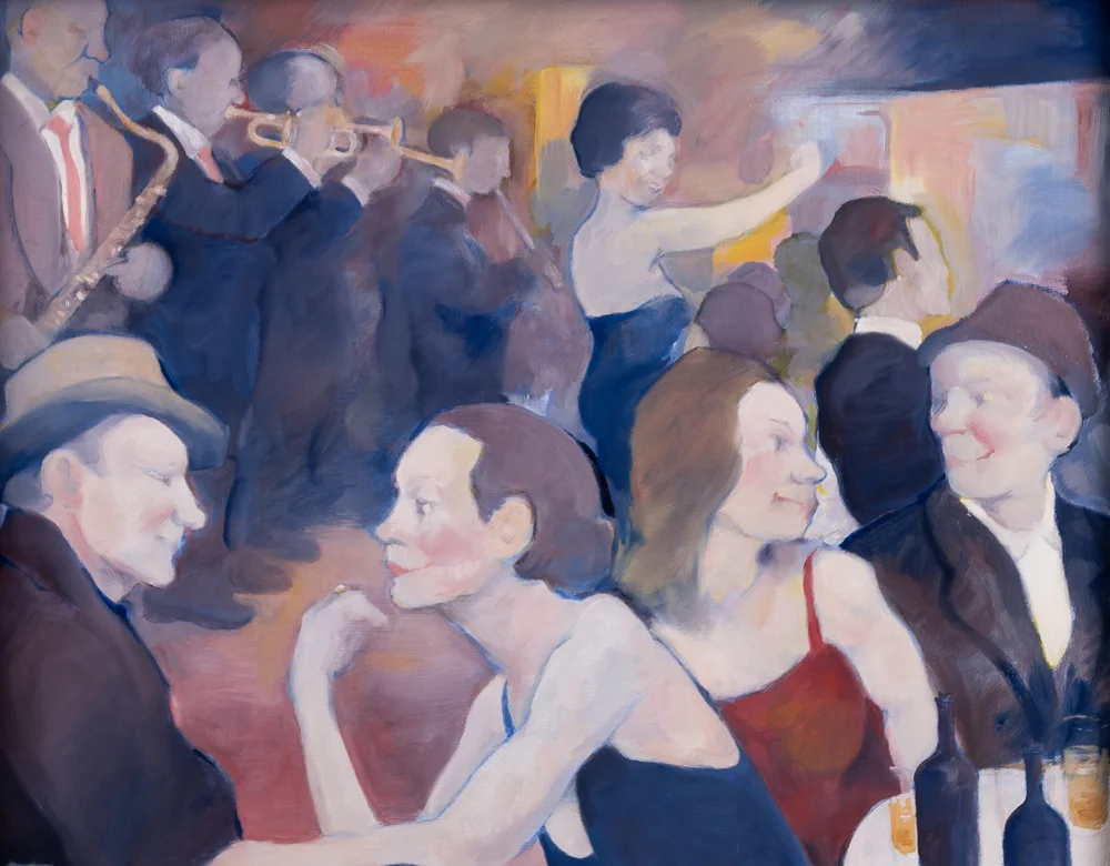 picture by eric tucker of jazz band playing in a club with couple absorbed in each oher in foregroud