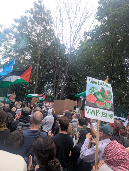 Part of crowd outside qoolwich crown court 12 June. Large placard saying Viva, la viva, viva Palestina in forefround. Photo: Dora Pitura