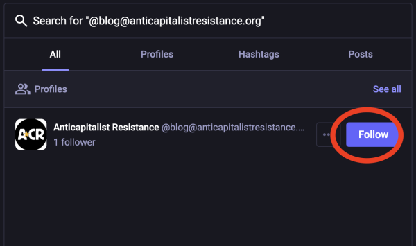 Screen of results on searching for @blog@AntiCapitalistResistance.org showing the ACR blog on Mastodon