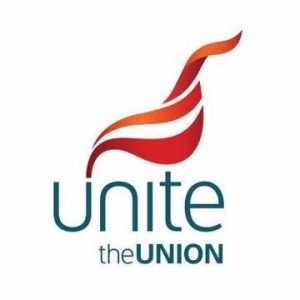unite the union logo - word unite in blue sans seif with red and white 'flames above