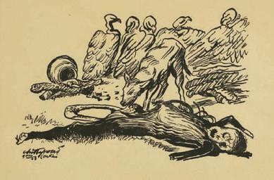 Ink sketch of a person starved to death; a canine eats his flesh while several vultures stand around.