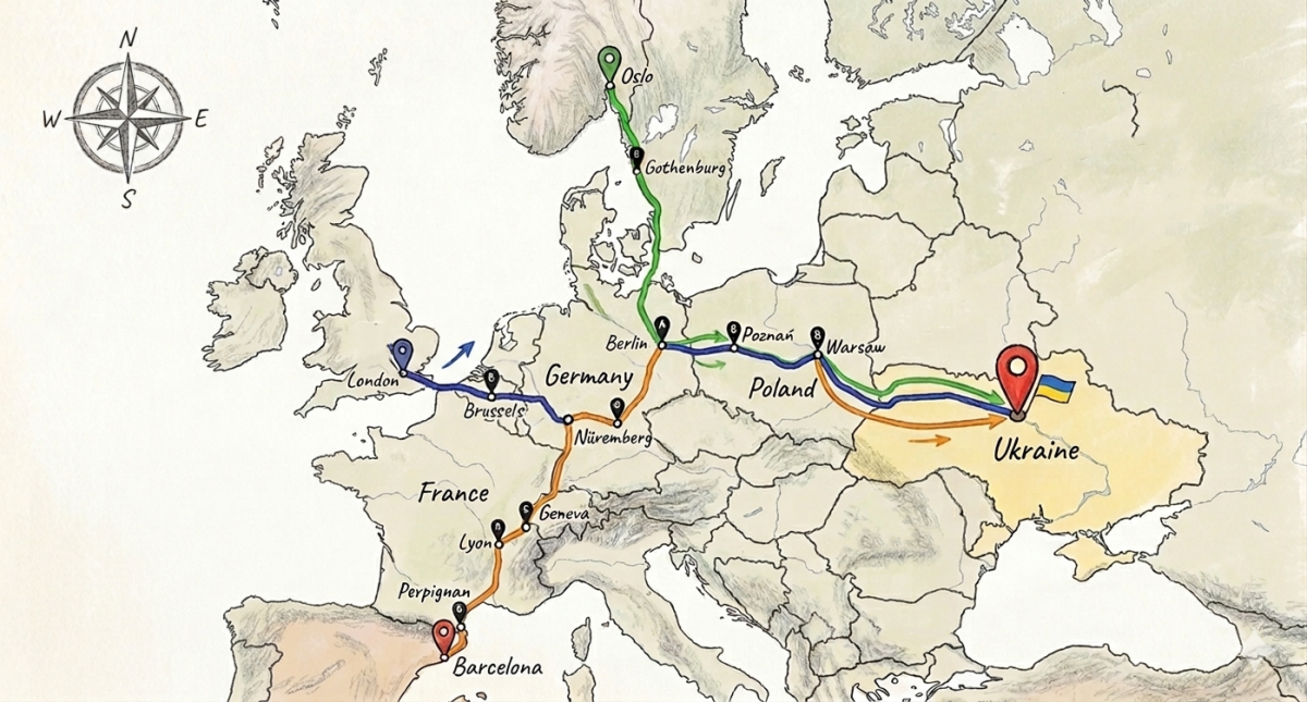 map of the international convoy route to Ukraine