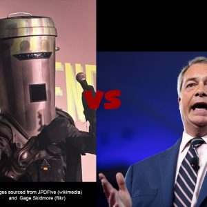 Images of Count Binface and Nigel Farage juxtaposed with a red "vs" between them.