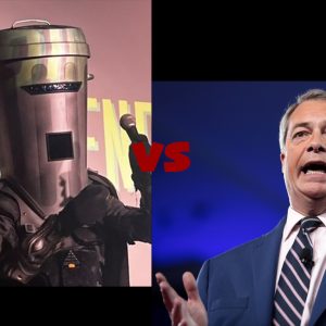 Images of Count Binface and Nigel Farage juxtaposed with a red "vs" between them.