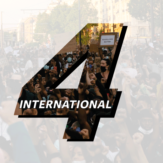 Number 4 with the world International in white lettering with people in action across the number abd faded in background: used by FI on its website and socials