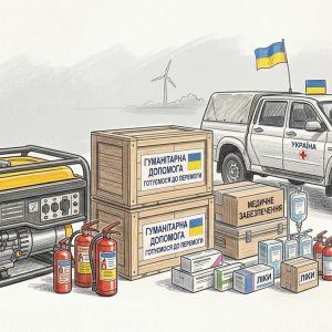 Graphic image of potential aid including an ambulance, fire extinguishers and crates of materials