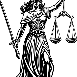 Piaby image of woman holding scales of justice in black and white