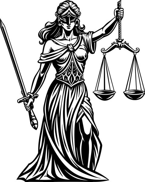 Piaby image of woman holding scales of justice in black and white