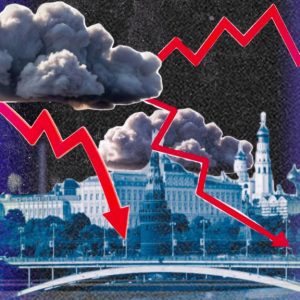Dark clouds and red lines on graph over Moscow skyline.