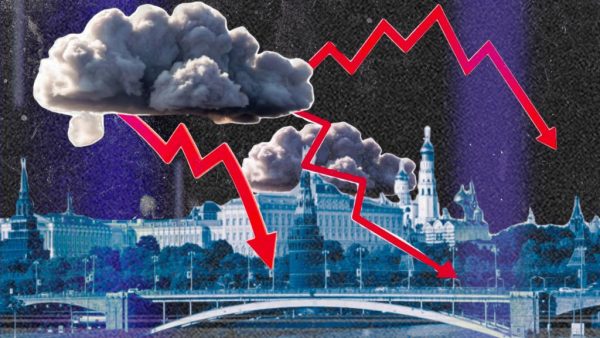 Dark clouds and red lines on graph over Moscow skyline.
