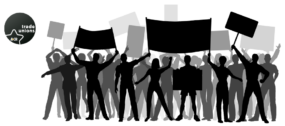 Silhouttee in black and white of people carrying banners/flags