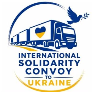 Logo of International Solidarity Convoy with Ukraine in Blue and yellow lettering with picture of large truck with heart in Ukranian colours