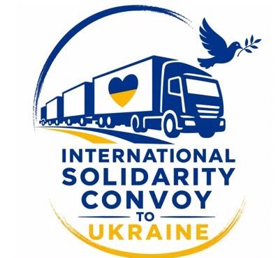 Logo of International Solidarity Convoy with Ukraine in Blue and yellow lettering with picture of large truck with heart in Ukranian colours