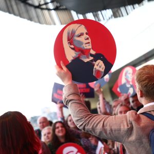 election meeting Swedish social democrats with picture of leader Magdalena Andersson