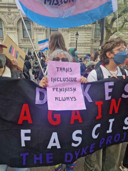 Protesting ehrc guidelines - poster in pink reads trans inclusive feminism always against banner reading dykes v facism. Photo: Echo Fortune