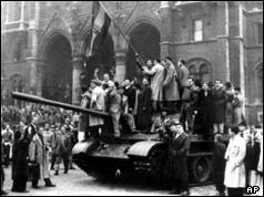 hungaian studetns on a soviet tank 1956