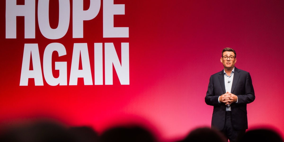 Burnham speaking at LP conference Lab party image