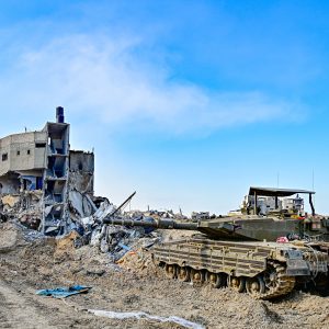 Han Yunus, Gaza Strip - Feb 7th 2024. An Israeli merkava tank fighting in the ruined Han Yunus city